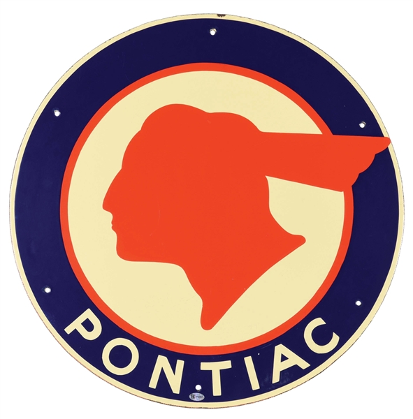RARE PONTIAC AUTOMOBILES PORCELAIN SIGN W/ FULL FEATHER NATIVE AMERICAN GRAPHIC. 