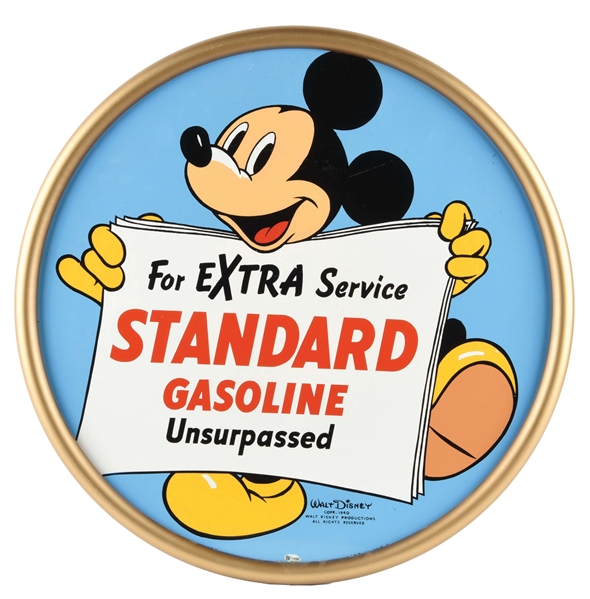 OUTSTANDING STANDARD GASOLINE TIN TAXI TIRE COVER SIGN W/ MICKEY MOUSE GRAPHIC. 