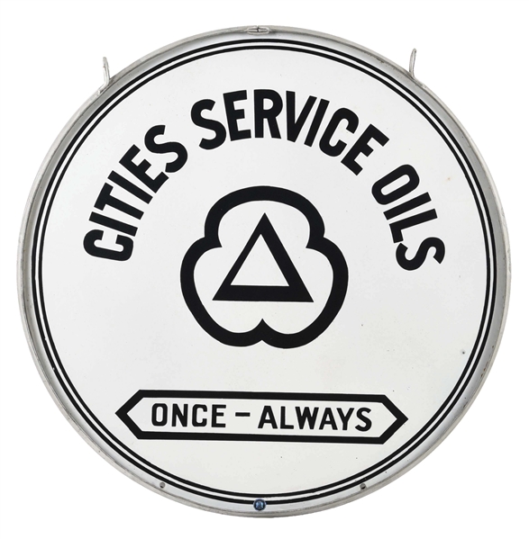 CITIES SERVICE OILS PORCELAIN SERVICE STATION SIGN W/ ORIGINAL IRON RING. 