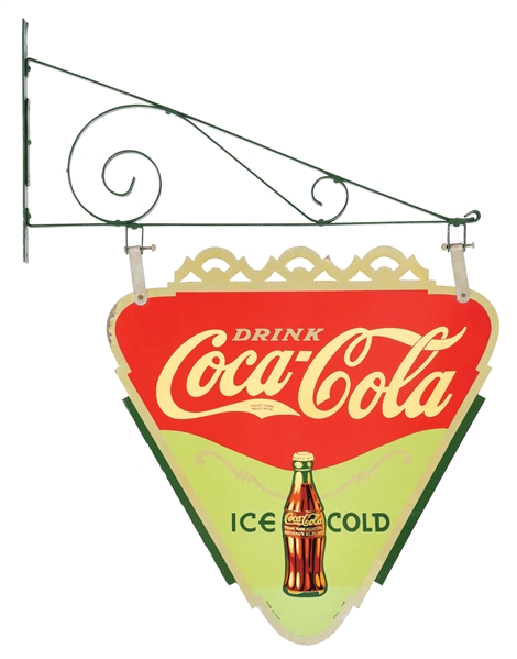 DRINK ICE COLD COCA COLA TIN TRIANGLE SIGN W/ BOTTLE GRAPHIC & ORIGINAL IRON HANGER. 