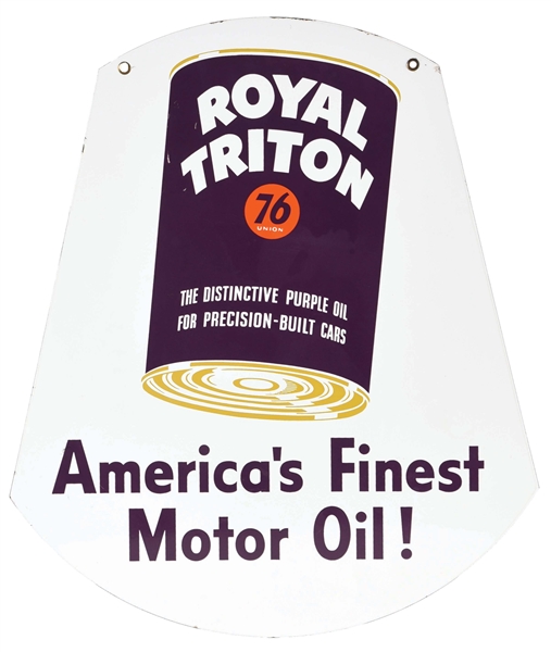 UNION 76 ROYAL TRITON MOTOR OILS PORCELAIN SERVICE STATION SIGN W/ QUART CAN GRAPHIC. 