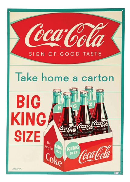 OUTSTANDING COCA COLA BIG KING SIZE TIN SIGN W/ KING SIZE SIX PACK GRAPHIC. 