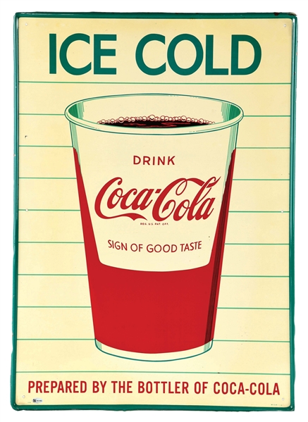 ICE COLD COCA COLA TIN SIGN W/ LARGE CUP GRAPHIC. 