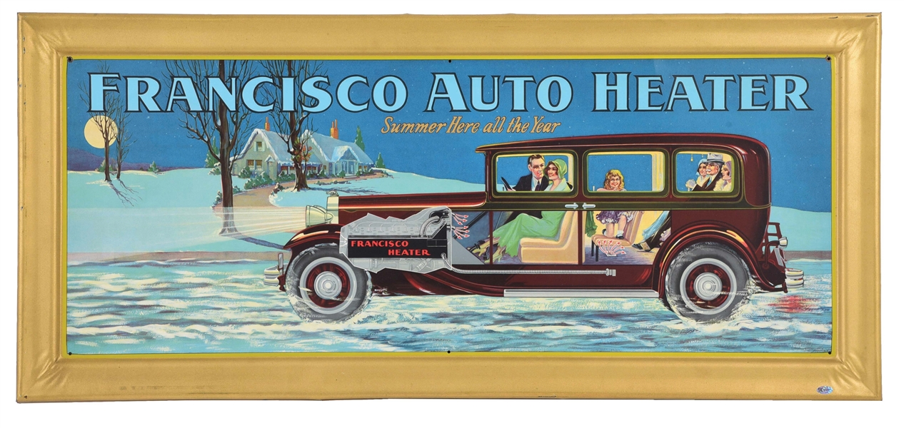OUTSTANDING FRANCISCO AUTO HEATER TIN SIGN W/ SELF FRAMED EMBOSSED OUTER EDGE. 