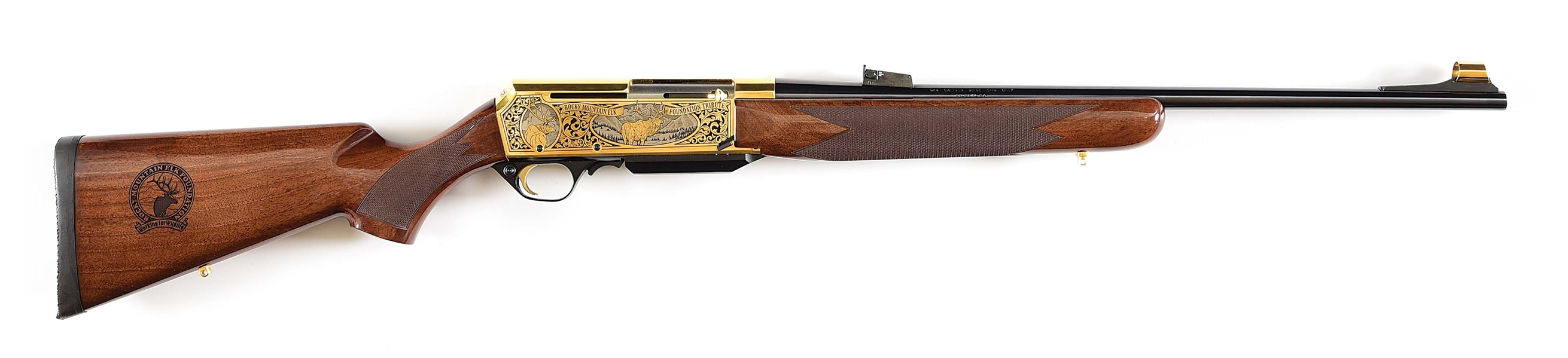 (M) 1 OF 300 GOLD PLATED AND ENGRAVED BROWNING ROCKY MOUNTAIN ELK FOUNDATION TRIBUTE BAR MARK II SEMI-AUTOMATIC RIFLE.