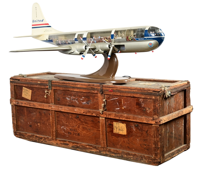 IMPRESSIVE UNITED AIRLINES BOEING 377 STRATOCRUISER CUTAWAY MODEL AND SHIPPING CRATE WITH ORIGINAL UNITED AIRLINES LABELS.