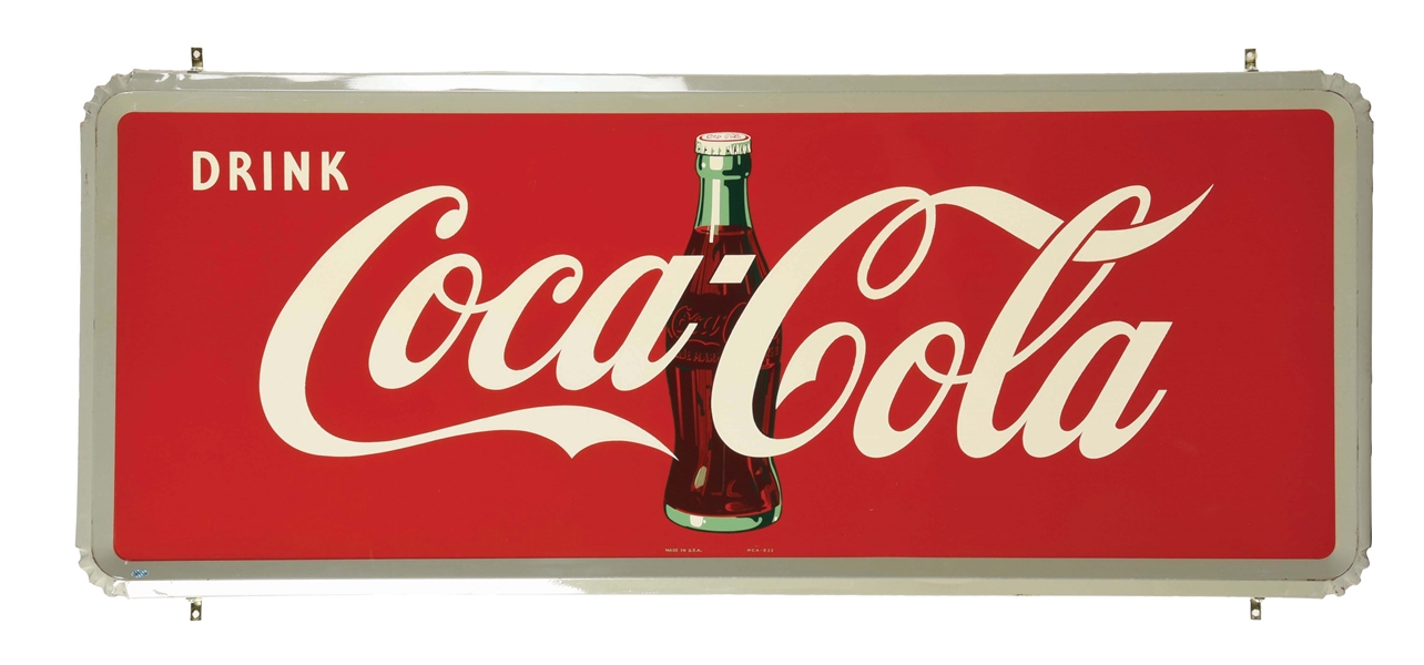 DRINK COCA COLA TIN SIGN W/ BOTTLE GRAPHIC & SELF FRAMED EDGE. 