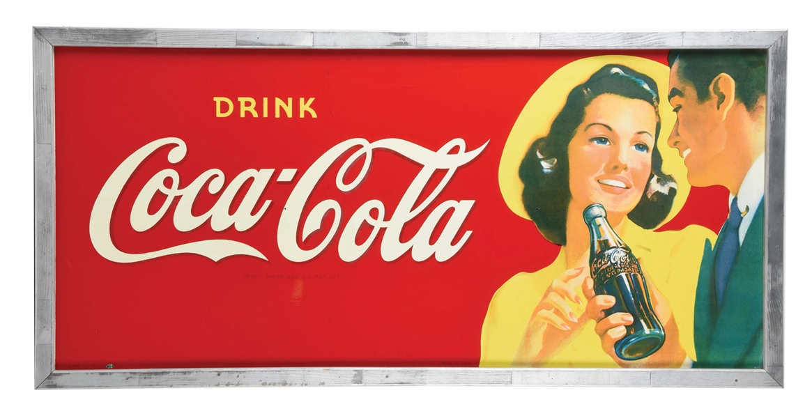 OUTSTANDING NEW OLD STOCK DRINK COCA COLA TIN SIGN W/ MAN & WOMAN GRAPHIC. 