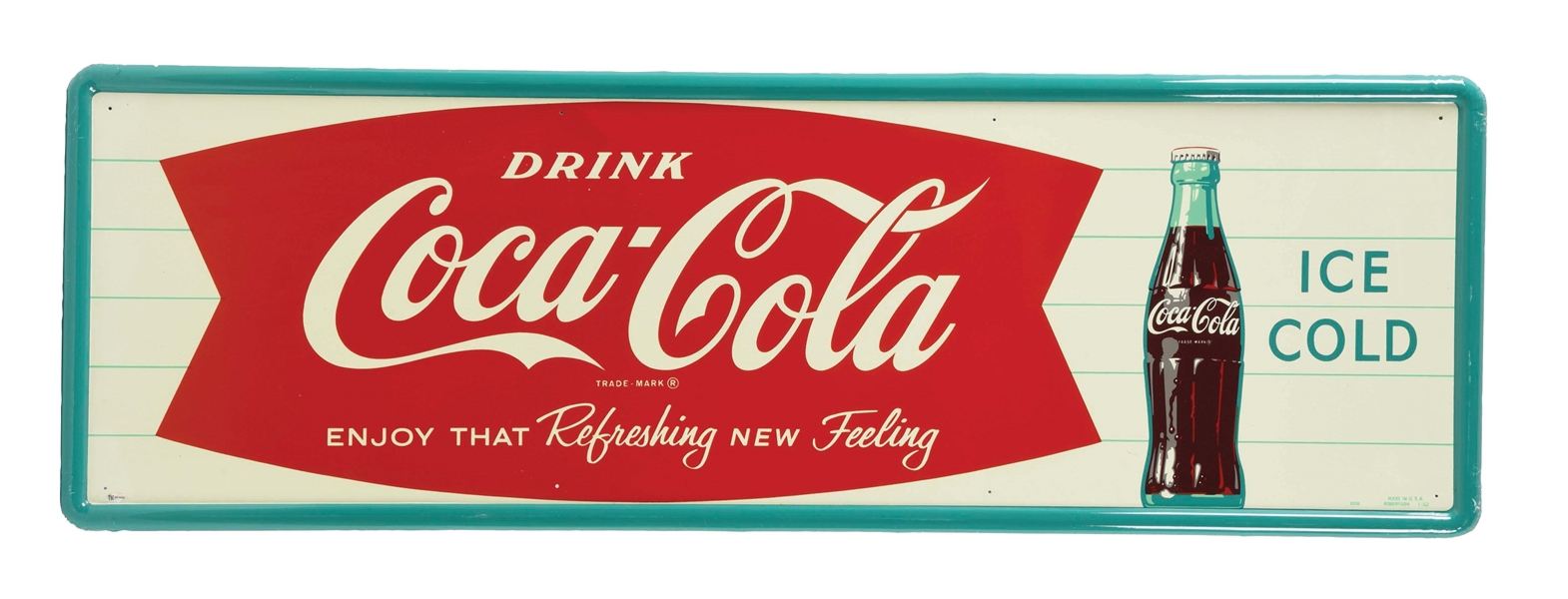 DRINK ICE COLD COCA COLA TIN SIGN W/ BOTTLE & FISHTAIL GRAPHIC. 