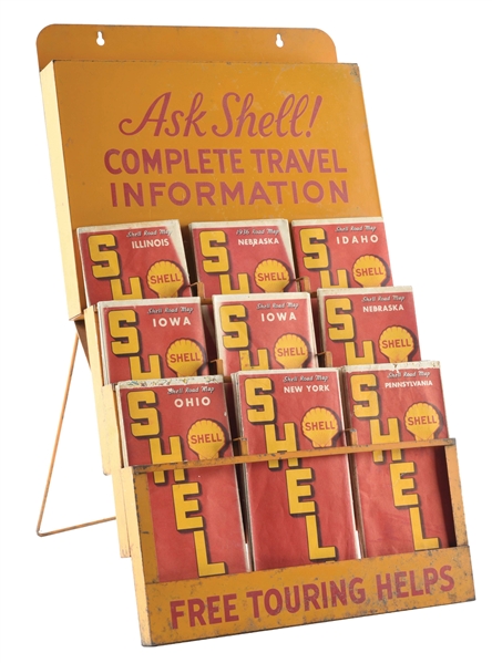 SHELL GASOLINE TIN SERVICE STATION MAP DISPLAY W/ VARIOUS SHELL MAPS. 