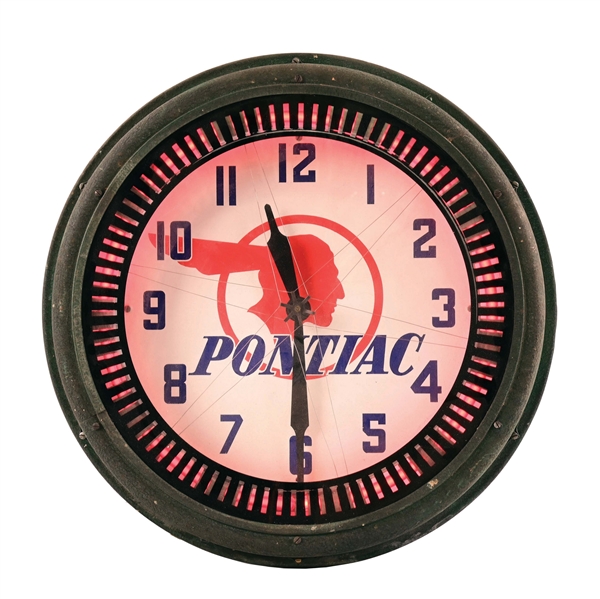 PONTIAC AUTOMOBILES NEON PRODUCTS ADVERTISING CLOCK. 