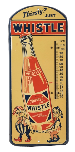 RARE & OUTSTANDING WHISTLE SODA POP TIN THERMOMETER W/ ELF & BOTTLE GRAPHICS. 