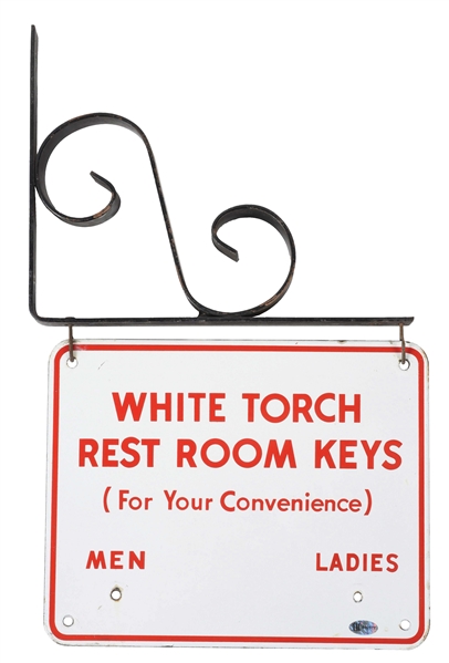 RARE STANDARD WHITE TORCH REST ROOM KEYS PORCELAIN SIGN W/ IRON BRACKET. 