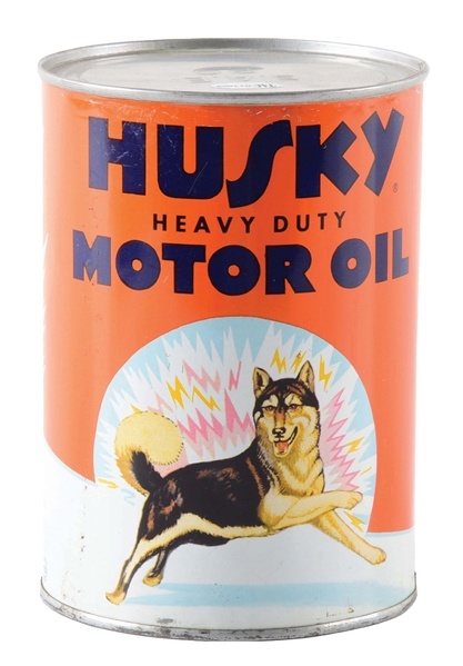 HUSKY HEAVY DUTY MOTOR OIL "ORANGE" ONE QUART CAN W/ HUSKY DOG GRAPHIC.