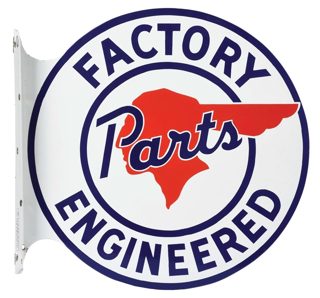 INCREDIBLE PONTIAC FACTORY ENGINEERED PARTS PORCELAIN FLANGE SIGN W/ FULL FEATHERED NATIVE AMERICAN GRAPHIC. 