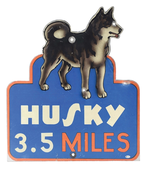 HUSKY SERVICE STATION 3.5 MILES METAL HIGHWAY MARKER W/ HUSKY DOG GRAPHIC. 