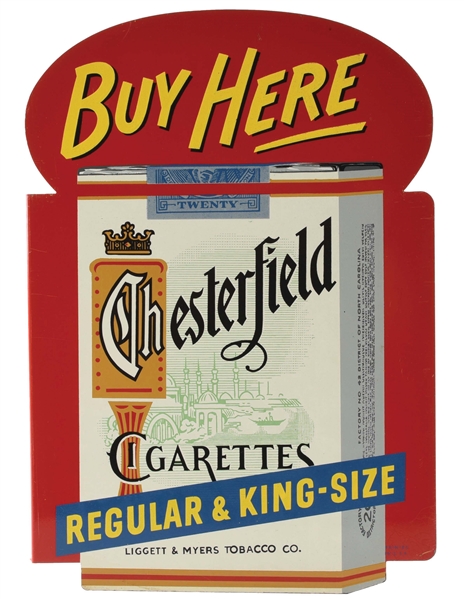 BUY CHESTERFIELD CIGARETTES HERE TIN FLANGE SIGN W/ PACK GRAPHIC. 