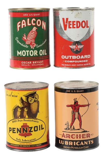 LOT OF 4: ONE QUART OIL CANS FROM ARCHER, FALCON, PENNZOIL & VEEDOL. 