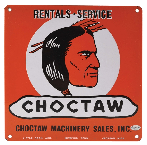 CHOCTAW MACHINERY SALES PORCELAIN SIGN W/ NATIVE AMERICAN GRAPHIC. 