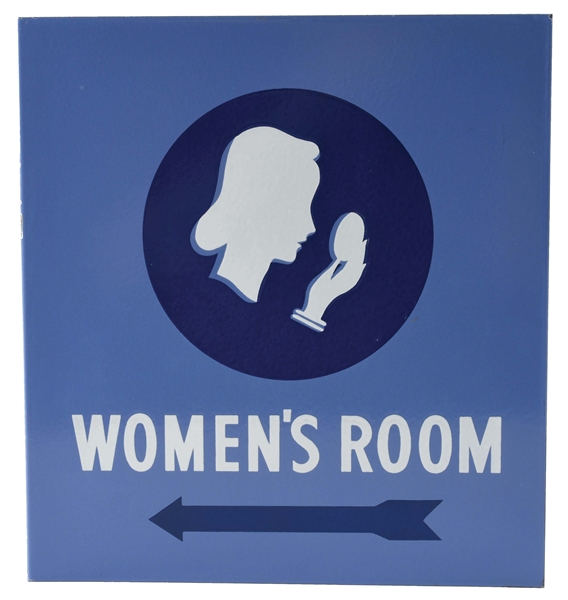 UNION OIL COMPANY WOMENS ROOM PORCELAIN FLANGE SIGN W/ WOMAN & ARROW GRAPHIC. 