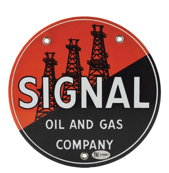 RARE SIGNAL OIL & GAS COMPANY PORCELAIN TRUCK DOOR SIGN W/ OIL DERRICK GRAPHIC. 