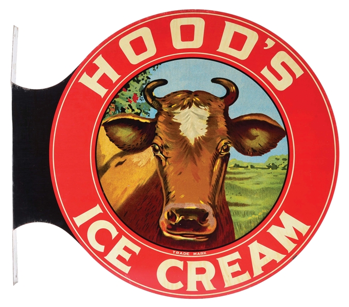 OUTSTANDING N.O.S. HOOD ICE CREAM TIN FLANGE SIGN W/ COW GRAPHIC. 