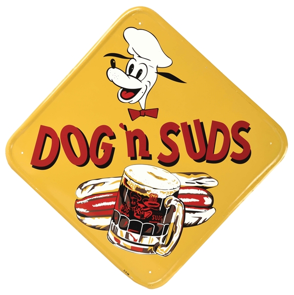 DOG N SUDS TIN SIGN W/ HOT DOG & SODA GRAPHIC. 
