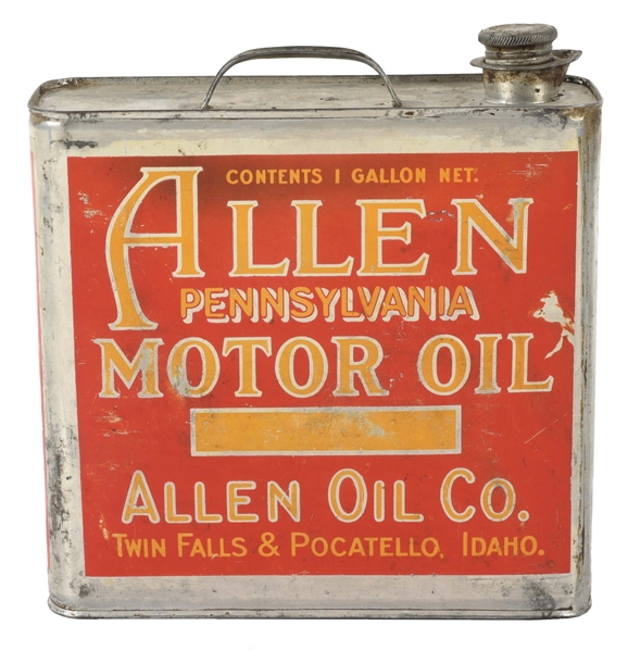 RARE ALLEN OIL COMPANY ONE GALLON FLAT MOTOR OIL CAN W/ SPOUT & HANDLE. 