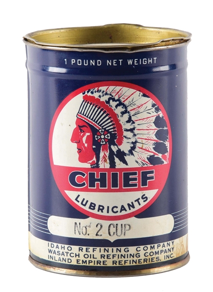 RARE WASATCH OIL REFINING CHIEF LUBRICANTS ONE POUND GREASE CAN W/ NATIVE AMERICAN GRAPHIC. 