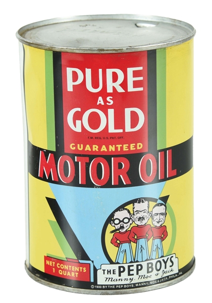 PEP BOYS PURE AS GOLD MOTOR OIL ONE QUART CAN W/ MANNY, MOE & JACK GRAPHIC. 
