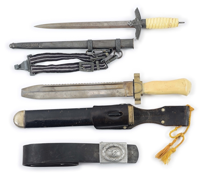LOT OF 3: THIRD REICH DAGGERS AND LUFTWAFFE BUCKLE WITH BELT.