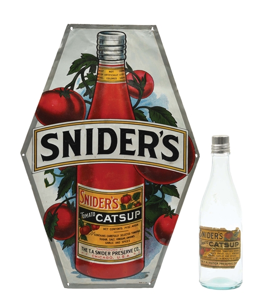 LOT OF 2: SNIDERS CATSUP EMBOSSED TIN SIGN AND BOTTLE.