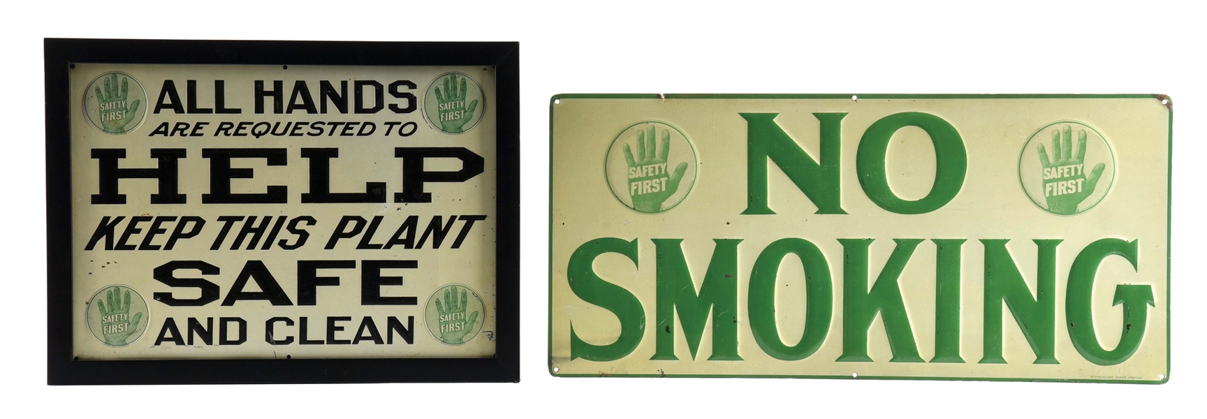 LOT OF 2: EMBOSSED TIN "SAFETY FIRST" SIGNS.