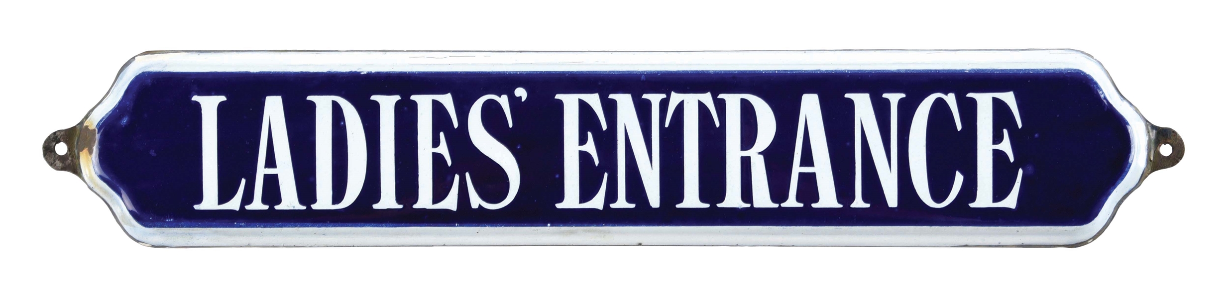 PORCELAIN DIE-CUT COBALT BLUE "LADIES ENTRANCE" SIGN.