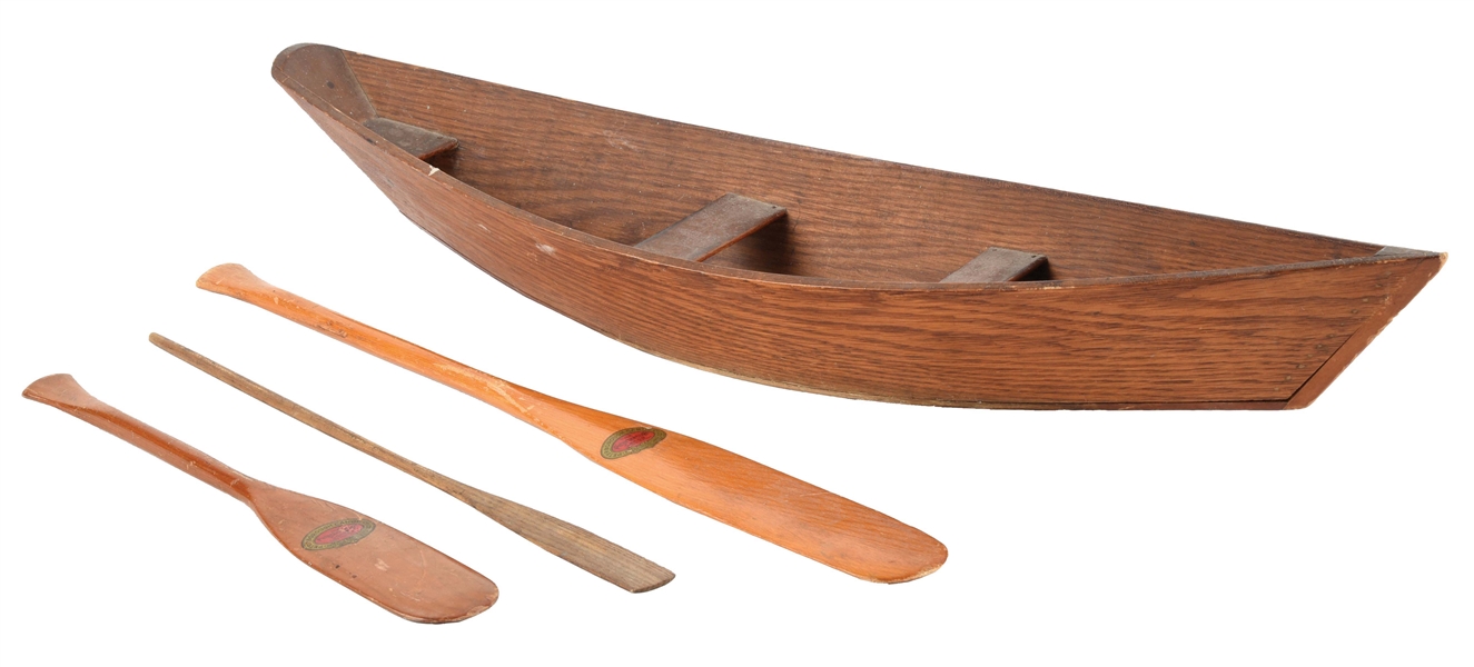 LOT OF 4: WOODEN CANOE AND PADDLES.