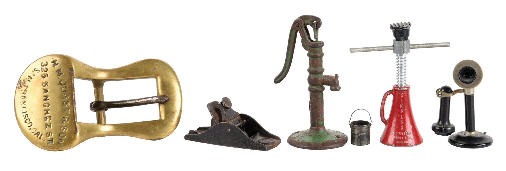 LOT OF 5: SMALL SALESMAN SAMPLE-TYPE CAST IRON AND BRASS PIECES.