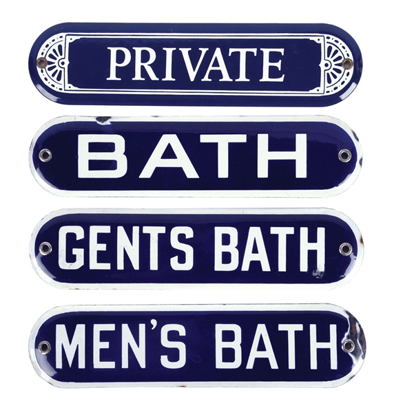 LOT OF 4: PORCELAIN BATH SIGNS.