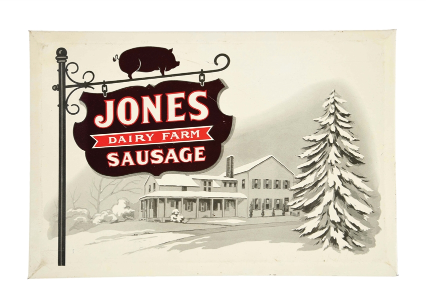 TIN OVER CARDBOARD JONES SAUSAGE SIGN.