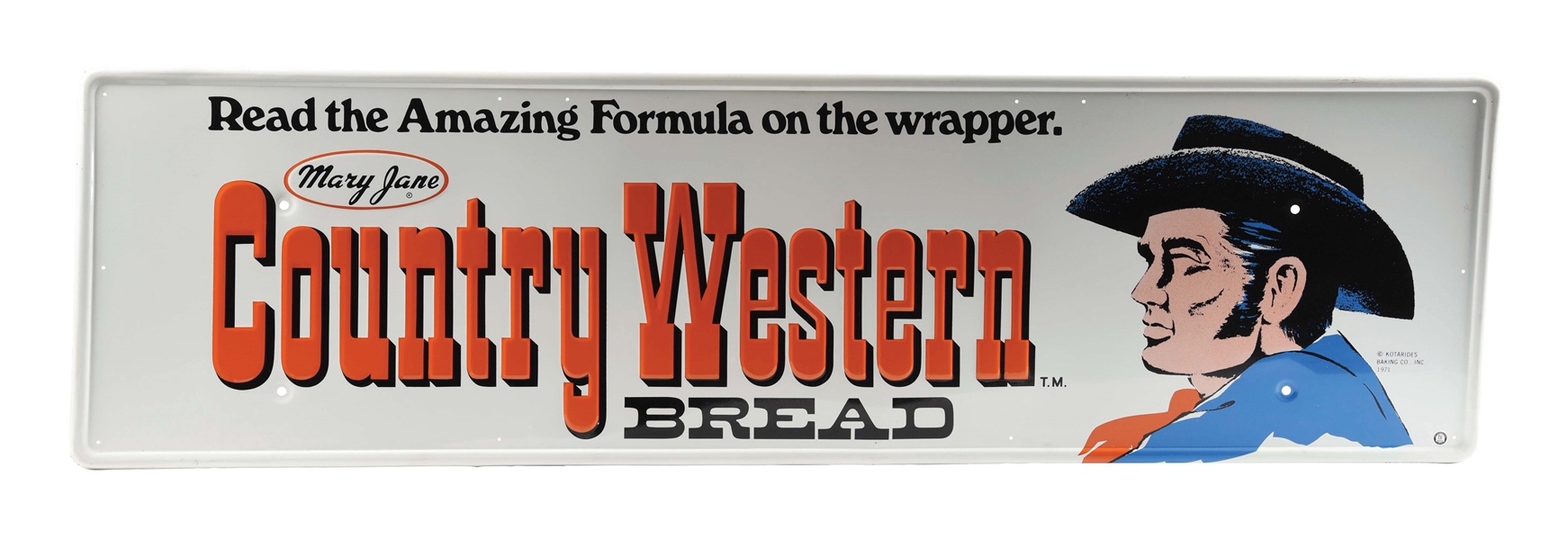 NOS COUNTRY WESTERN BREAD SELF FRAME EMBOSSED TIN SIGN.