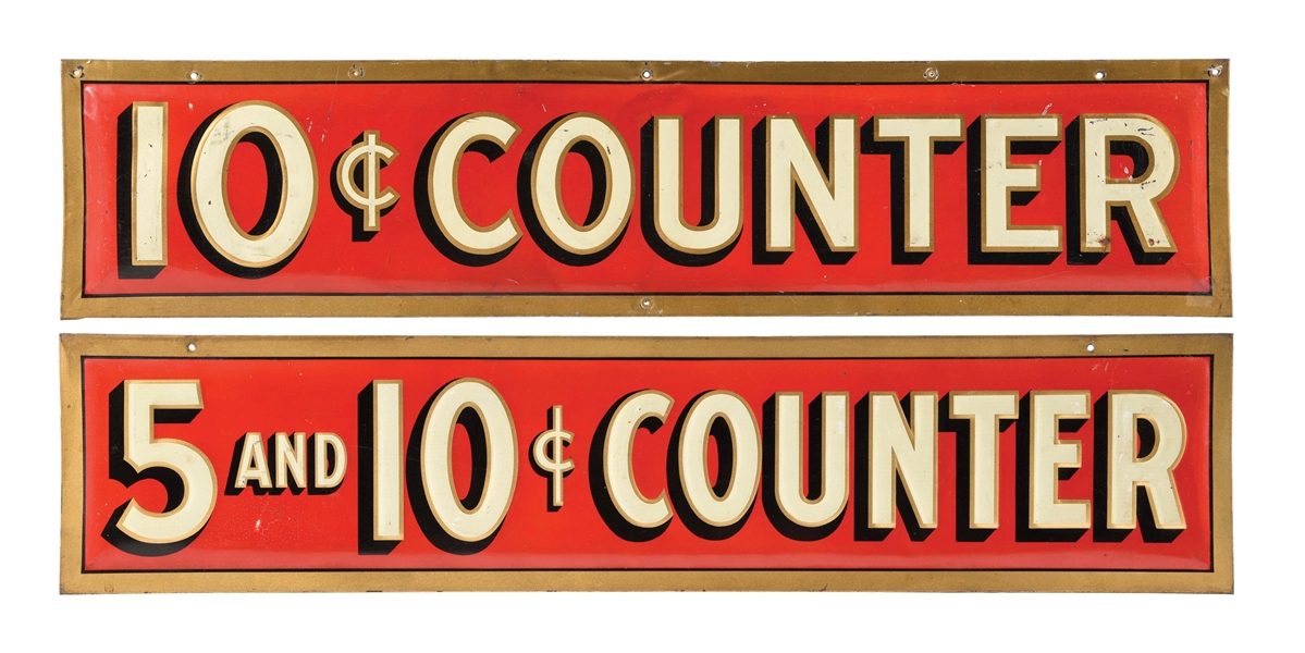 LOT OF 2: EMBOSSED TIN OVER CARDBOARD COUNTRY STORE AISLE MARKERS.