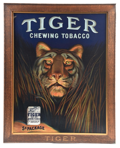 TIGER CHEWING TOBACCO FRAMED ADVERTISING SIGN.