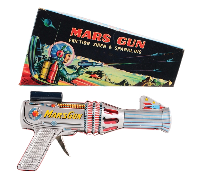 JAPANESE TIN LITHO FRICTION MARS SPACE GUN IN ORIGINAL BOX.