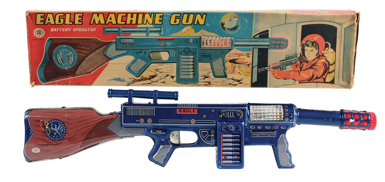 JAPANESE TIN LITHO BATTERY OPERATED EAGLE MACHINE GUN.