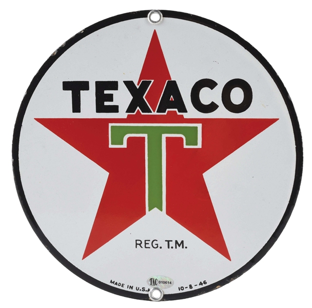 TEXACO "WHITE T" PORCELAIN OIL CART SIGN W/ STAR GRAPHIC. 