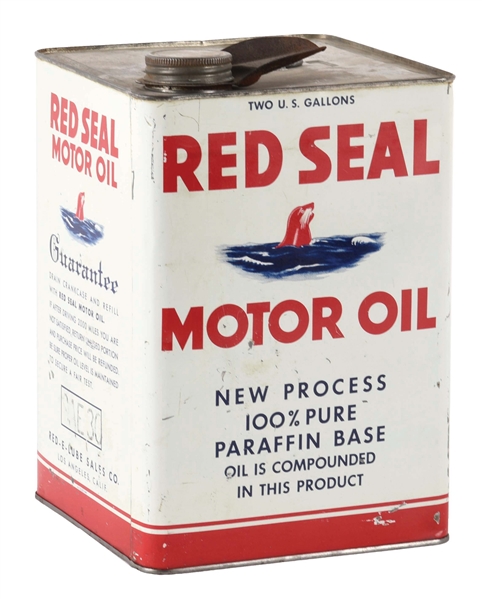RARE RED SEAL MOTOR OIL TWO GALLON SQUARE CAN W/ SEAL GRAPHIC. 