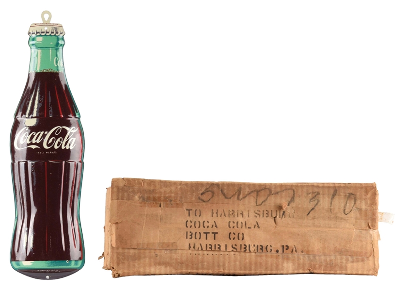 OUTSTANDING NEW OLD STOCK COCA COLA EMBOSSED TIN BOTTLE W/ ORIGINAL SHIPPING BOX. 