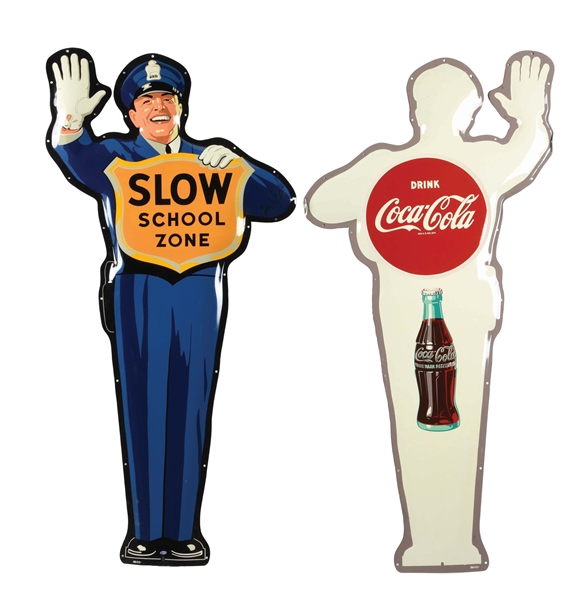 INCREDIBLE NEW OLD STOCK COCA COLA SCHOOL ZONE TIN POLICE OFFICER TWO PIECE SIGN.  