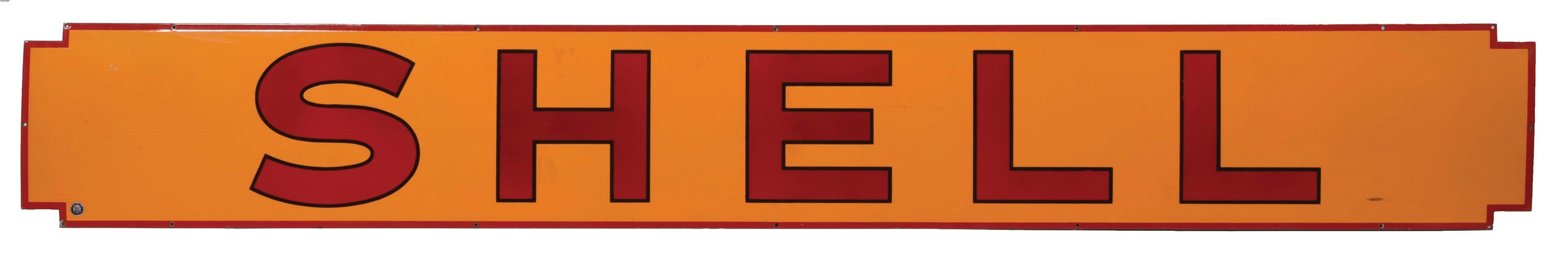 OUTSTANDING SHELL GASOLINE PORCELAIN SERVICE STATION STRIP SIGN W/ SCALLOPED EDGES. 
