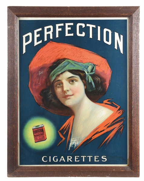 FRAMED CARDBOARD ADVERTISEMENT FOR PERFECTION CIGARETTES.