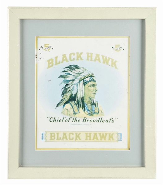 FRAMED TIN OVER CARDBOARD ADVERTISEMENT FOR BLACK HAWK BROADLEAF CIGARS.